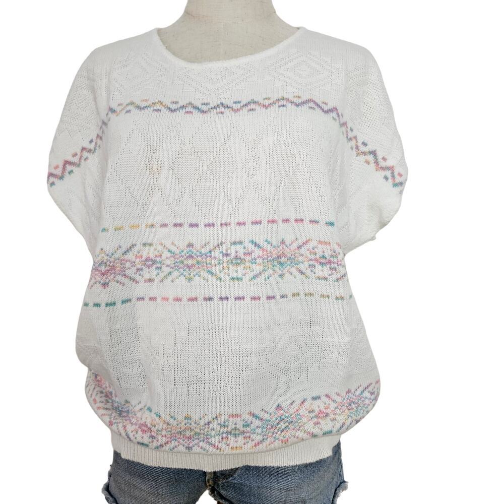 Vintage Cap Sleeve Sweater Top Starbust Stripes L? Off White Pastel‎